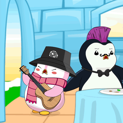 Penguin with Purple Mohawk Playing Guitar