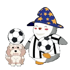 Penguin With Soccer Ball Next to Dog