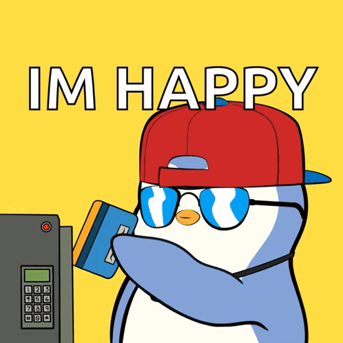 Penguin With Sunglasses and Red Hat Holding Credit Card Im Happy
