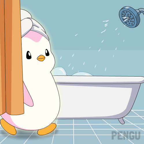 Penguin With Towel on Head by Bathtub