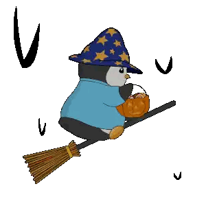 Penguin Wizard Flying on Broom with Pumpkin