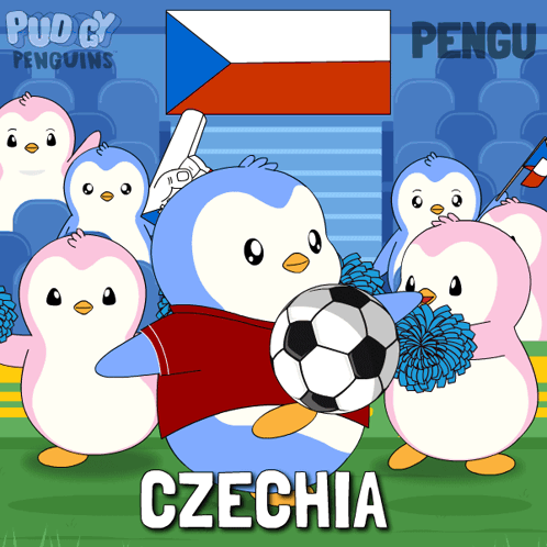 Penguins Cheering For Czechia Holding Soccer Ball GIF