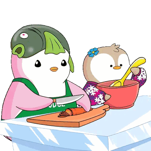 Penguins Cutting Carrots and Mixing