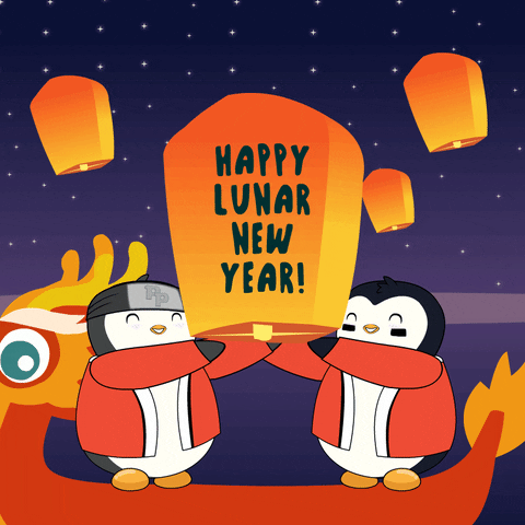 Penguins Flying Happy Lunar New Year Lantern GIF