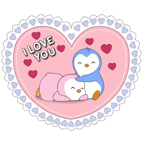 Penguins Hugging in Heart Saying I Love You