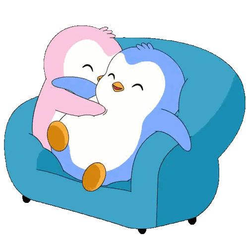 Penguins Hugging on Blue Chair