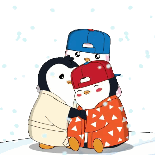 Penguins Hugging One in Red Hat