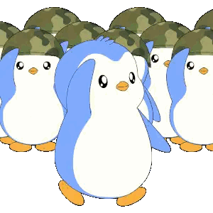 Penguins in Camo Helmets Standing in Line