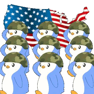 Penguins in Military Hats Standing in Front of US Map