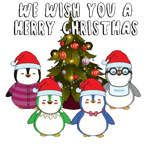 Penguins in Santa Hats in Front of Christmas Tree