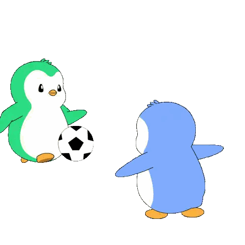 Penguins Playing Soccer, One Green and One Blue