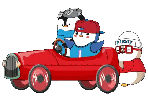Penguins Riding Red Toy Car Pudgy Hat