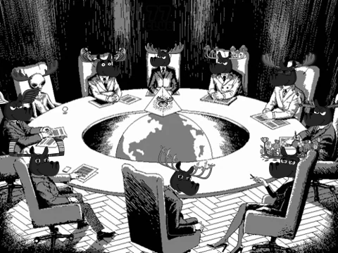 Penguins Sitting Around Table Pointing at Whiteboard