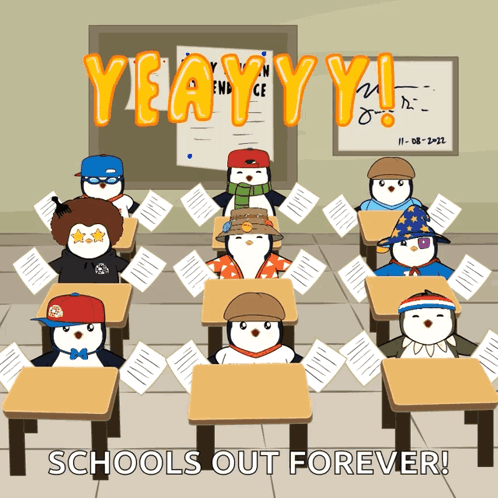 Penguins Sitting at Desks Celebrating School's Out