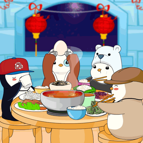 Penguins Sitting At Table Eating And Drinking GIF