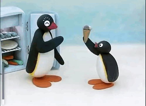 Penguins Standing by Refrigerator with Ice Cream