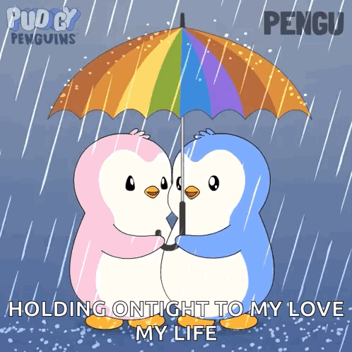 Penguins Under Umbrella Holding Ontight To My Love My Life GIF