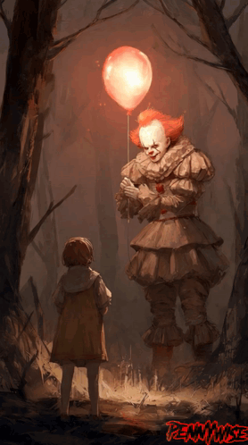 Pennywise The Clown Is Holding A Red Balloon While Standing Next To A Little Girl GIF