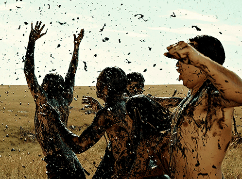 People Covered In Mud With Flying Birds GIF