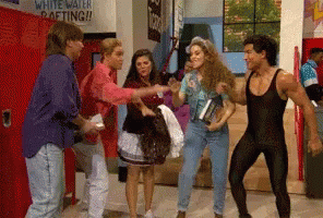 People Dancing In Front Of Water Rafting Sign GIF