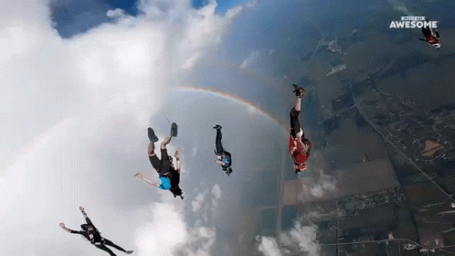 People Flying with Rainbow Saying Awesome