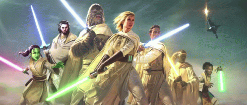 People Holding Lightsabers in Front of Plane