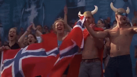 People Holding Norwegian Flag and Wearing Viking Hats