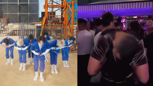 People in Blue Jumpsuits Dancing in Front of Crane