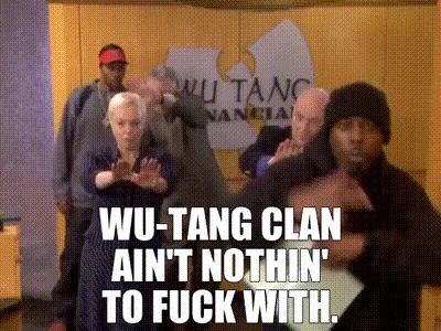 People In Front Of Wu-Tang Clan Sign GIF