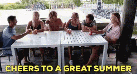 People Sitting Around Table Cheers to Great Summer