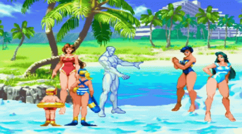 People Standing on Beach with Man in Blue Suit