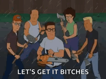 People Surround Cartoon Character With Chainsaw and Axe