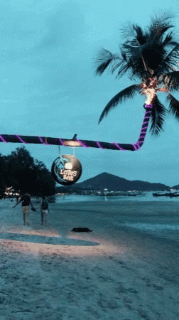 People Walking On A Beach With A Sign That Says Lotus Cafe GIF
