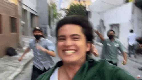 People Wearing Masks Running And Taking Selfie GIF