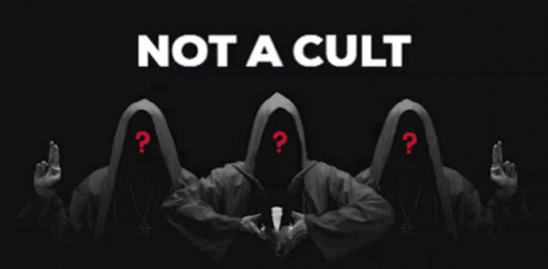 People With Question Marks Standing Before Not a Cult Sign