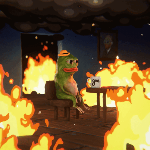 Pepe Meme Burning Unbothered GIF