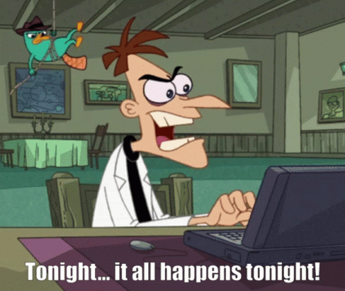 Perry the Platypus at Desk With Laptop Saying Tonight It All Happens Tonight