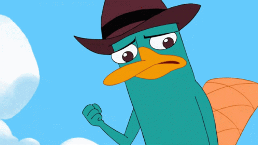 Perry The Platypus Worriedly Flying And Pointing Down GIF