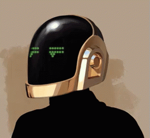 Person Black Gold Helmet Green Dot Eyes