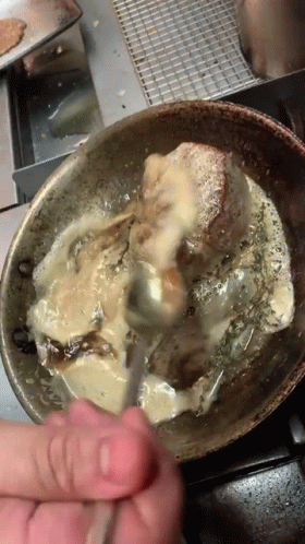 Person Cooking Meat In Pan With Sauce GIF