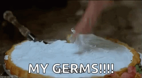 Person Cutting Pie with Knife Saying My Germs