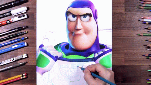 Person Drawing Buzz Lightyear with Colored Pencils