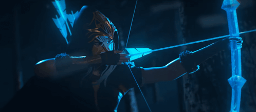 Person Holding Bow And Arrow With Blue Light GIF