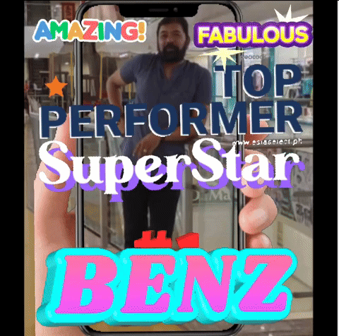 Person Holding Cell Phone Saying Amazing Fabulous Top Performer Super Star Benz