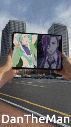 Person Holding Cell Phone With Two Anime Characters and Dan the Man