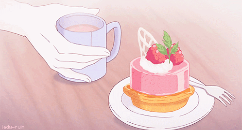 Person Holding Coffee Next To Strawberry Cake GIF