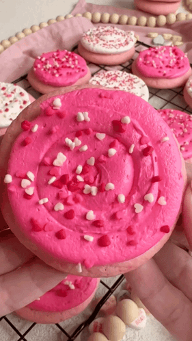 Person Holding Cookie with Pink Frosting and Sprinkles