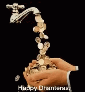 Person Holding Faucet With Coins Falling Happy Dhanteras Greeting