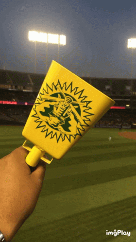 Person Holding Oakland Cup at Baseball Field