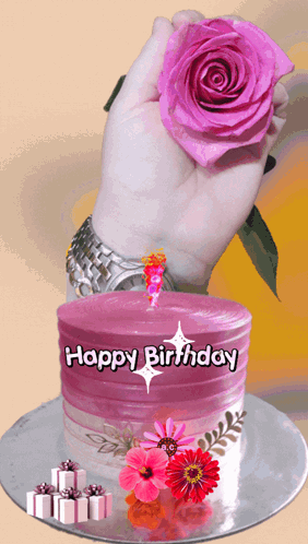 Person Holding Pink Rose and Birthday Cake Saying Happy Birthday
